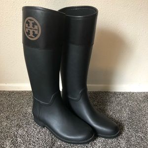 Tory Burch Rain Boots Black Leather Sz 9